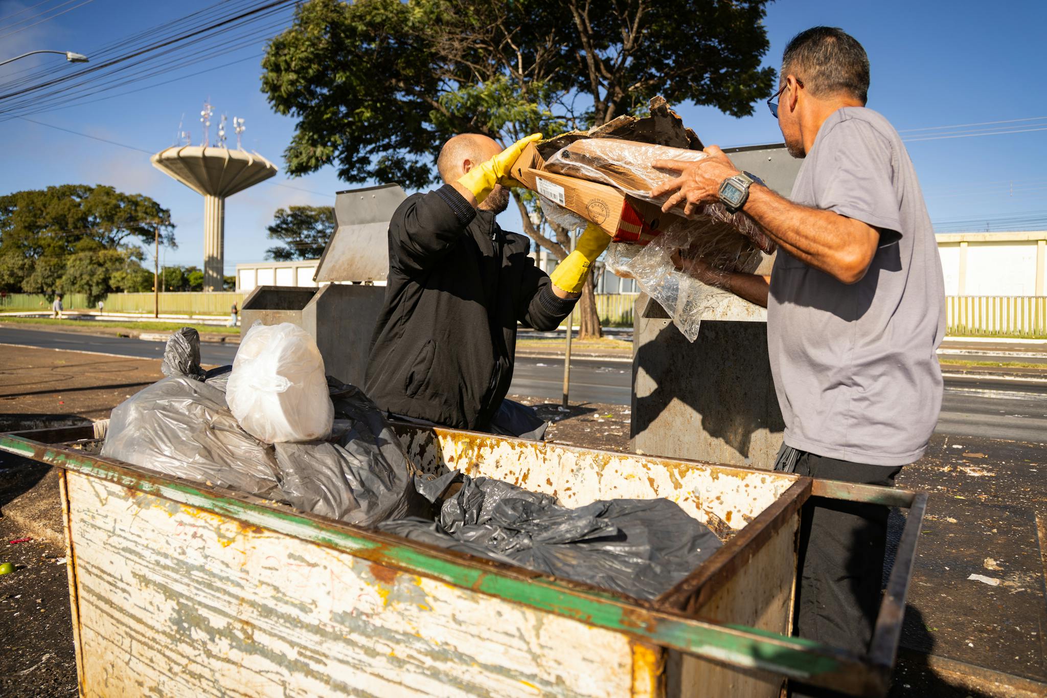 Sanitation workers emptying trash bins in an urban setting under clear skies.